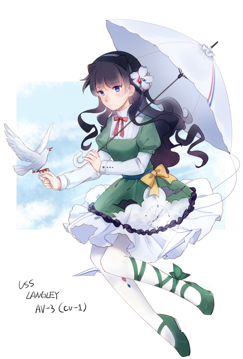 bird bird_on_hand black_hair blue_eyes blue_sky bow character_name cloud commentary english_commentary flower full_body green_footwear green_skirt hair_flower hair_ornament highres lolita_fashion long_hair mecha_musume original outdoors over_shoulder pantyhose parasol personification red_neckwear red_ribbon ribbon skirt sky solo standing umbrella white_legwear white_umbrella yellow_bow yorktown_cv-5