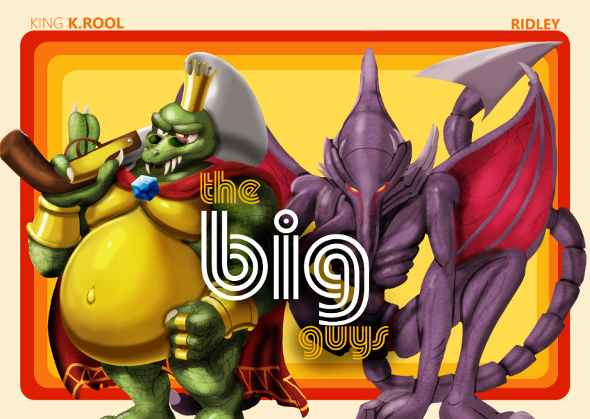 alien anthro barazoku barefoot biceps cape claws clothing crocodilian crossover crown donkey_kong_(series) dragon english_text eyewear feral glasses glowing glowing_eyes gun jump-toon king king_k_rool kremling looking_at_viewer male metroid musclegut muscular navel nintendo open_mouth parody pecs ranged_weapon reptile ridley ring royalty scalie sharp_claws sharp_teeth space_dragon standing super_smash_bros super_smash_bros._ultimate teeth text the_nice_guys toe_claws triceps video_games weapon wings