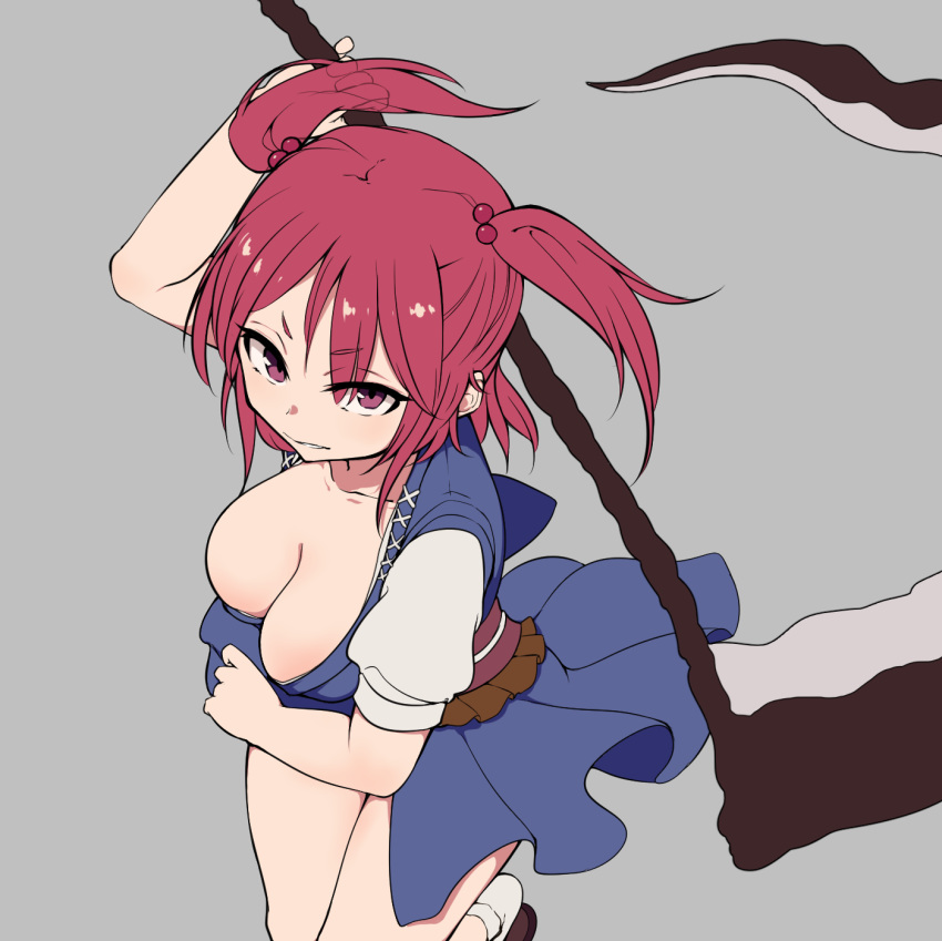 alternate_eye_color arm_behind_head bangs blue_dress breasts cleavage clenched_teeth commentary_request dress eyebrows_visible_through_hair grey_background hair_bobbles hair_ornament hand_visible_through_hair highres holding holding_scythe looking_at_viewer looking_up marsen medium_breasts onozuka_komachi outline red_eyes red_hair reflective_eyes scythe shiny shiny_hair shirt short_eyebrows short_hair short_sleeves simple_background socks solo teeth thighs touhou two_side_up white_legwear white_shirt