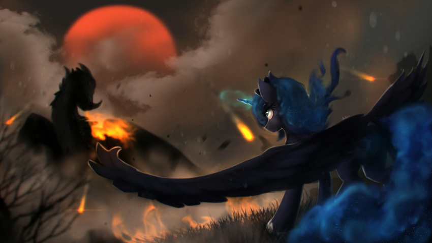 2018 absurd_res blackligerth blood_moon blue_feathers blue_hair cloud crown detailed_background dragon duo equine eyelashes feathered_wings feathers female feral fight fire fire_breathing friendship_is_magic glowing_horn grass hair hi_res hooves horn magic mammal moon my_little_pony night outside princess_luna_(mlp) silhouette solo_focus spread_wings standing teal_eyes tree winged_unicorn wings