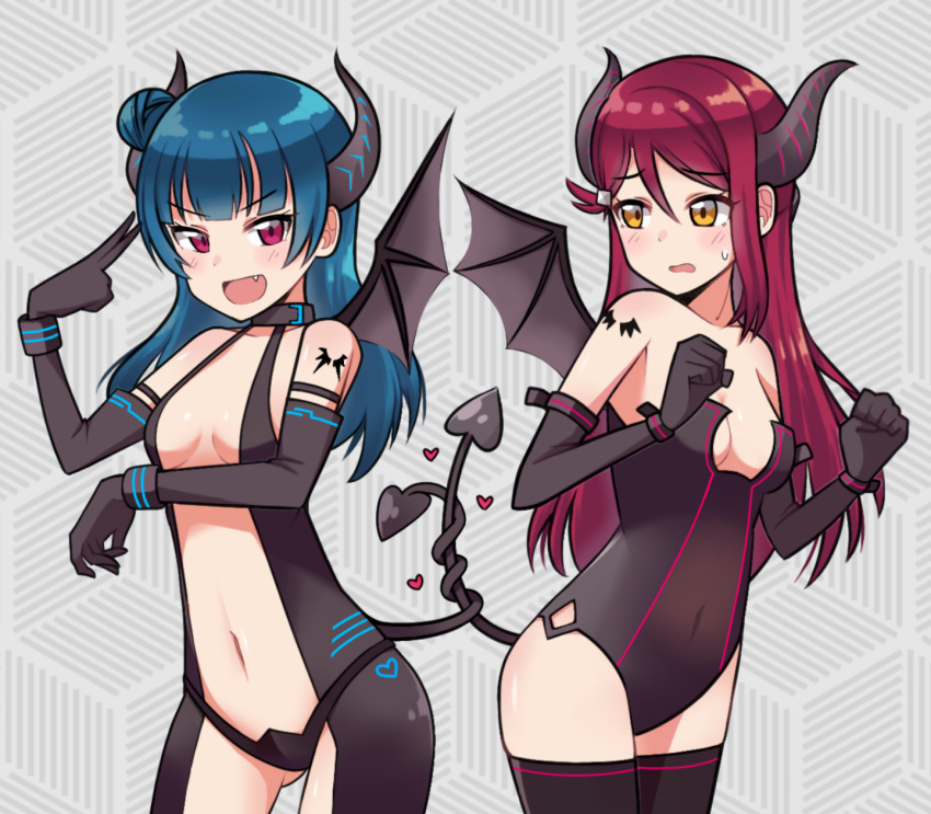 :d ass_visible_through_thighs bangs black_collar black_gloves black_legwear black_leotard black_wings blue_hair blush breasts ceph_(greatyazawa1819) cleavage clenched_hands cowboy_shot demon_girl demon_horns demon_wings elbow_gloves eyebrows_visible_through_hair fang gloves grey_background hair_ornament hairclip heart highres horns intertwined_tails leotard long_hair looking_at_another looking_at_viewer love_live! love_live!_sunshine!! medium_breasts multiple_girls navel open_mouth purple_eyes red_hair revealing_clothes sakurauchi_riko shoulder_tattoo side_bun small_breasts smile strapless strapless_leotard sweatdrop tattoo thighhighs tsushima_yoshiko v v-shaped_eyebrows wing_tattoo wings wrist_cuffs yellow_eyes
