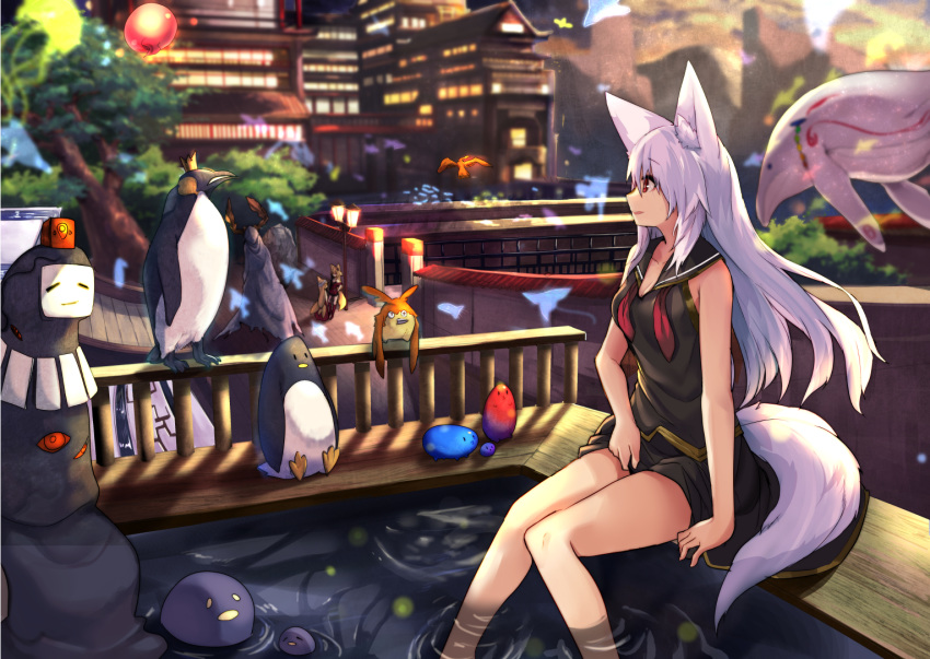 animal_ear_fluff animal_ears bird blonde_hair blurry blurry_background building eyebrows_visible_through_hair facing_viewer fox_ears fox_tail haik japanese_clothes long_hair looking_to_the_side miko multiple_girls multiple_tails original outdoors penguin red_eyes sailor_collar silver_hair sitting sleeveless soaking_feet tail tree water