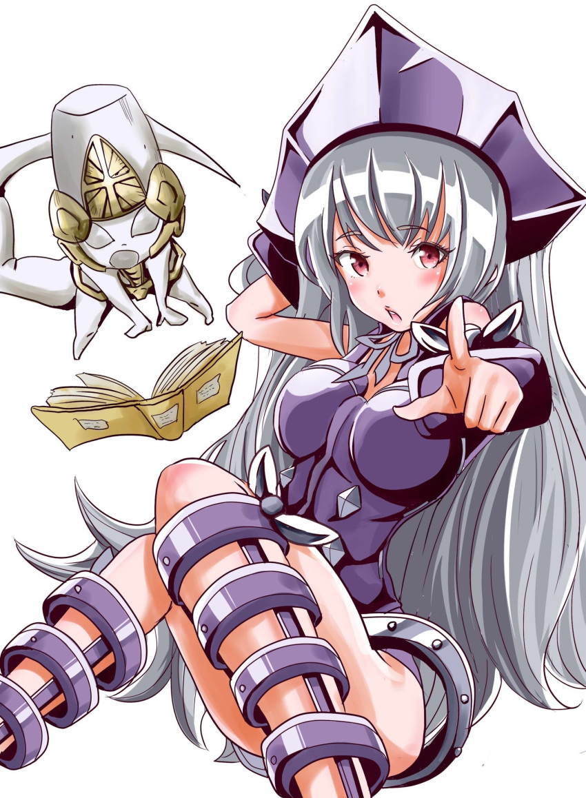 1girl armor artist_request bare_legs breasts curvy female helmet iron_maiden_jeanne large_breasts leotard long_hair looking_at_viewer red_eyes shaman_king silver_hair smile very_long_hair