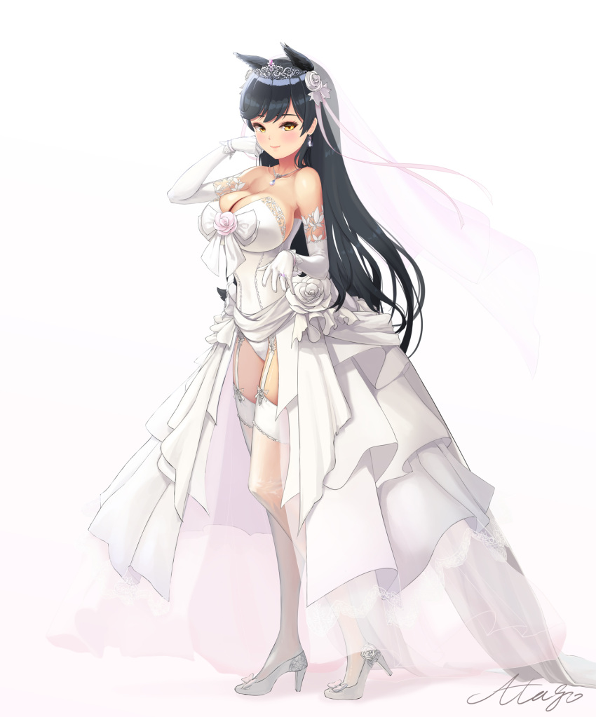 alternate_costume animal_ears atago_(azur_lane) azur_lane bangs bare_shoulders black_hair blush bow breasts brown_eyes character_name cleavage closed_mouth collarbone commentary detached_sleeves dress earrings english_commentary flower garter_straps gloves gradient gradient_background hair_flower hair_ornament high_heels highres jewelry kyo_(user_jpfr5738) large_breasts leotard long_hair long_sleeves looking_at_viewer pendant pink_background rose see-through shoes showgirl_skirt smile solo standing strapless strapless_leotard thighhighs very_long_hair wedding_dress white_background white_bow white_dress white_flower white_footwear white_gloves white_legwear white_leotard white_rose