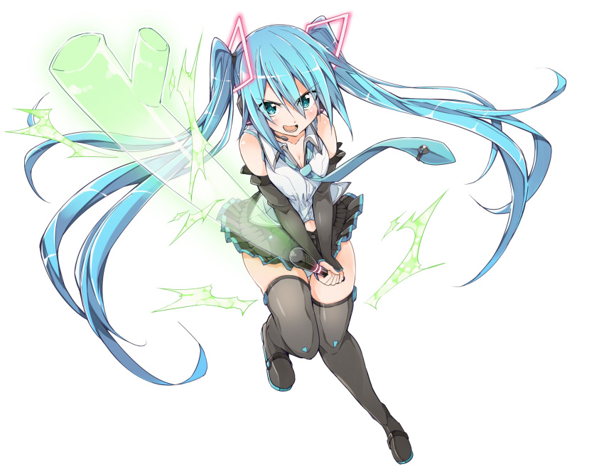 aqua_eyes bare_shoulders bibi blue_hair boots detached_sleeves full_body hatsune_miku headset highres long_hair looking_at_viewer microphone necktie open_mouth pleated_skirt simple_background skirt solo spring_onion sword thigh_boots thighhighs twintails very_long_hair vocaloid weapon white_background