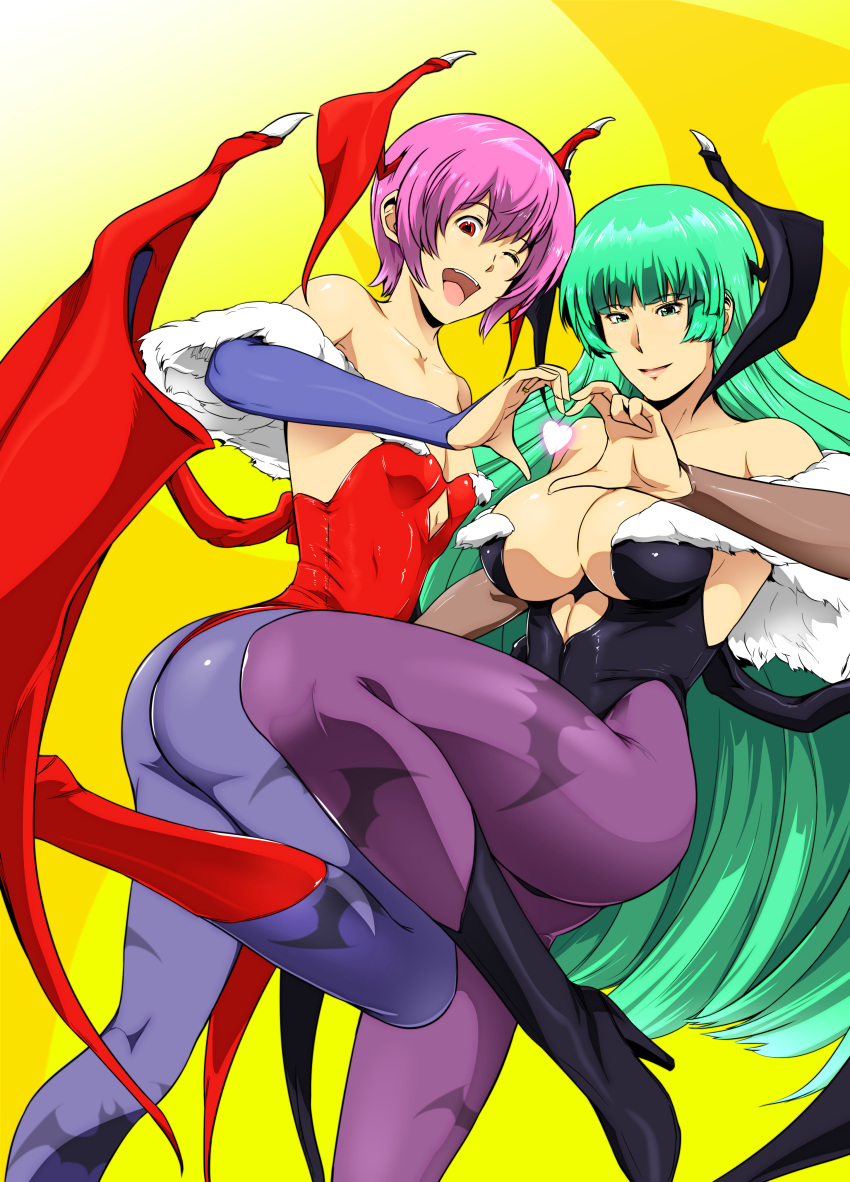 2girls ass bangs bare_shoulders black_boots boots breasts bridal_gauntlets cleavage closed_mouth demon_girl demon_wings fur_trim gauntlets gradient gradient_background green_eyes green_hair gureko_rouman hair_between_eyes happy head_wings heart heart_cutout heart_hands highres large_breasts leg_up legs leotard lilith_aensland long_hair looking_at_viewer matching_hair/eyes morrigan_aensland multiple_girls one_eye_closed open_mouth pantyhose pink_hair red_boots red_eyes short_hair simple_background small_breasts smile standing strapless succubus thighs vampire_(game) very_long_hair wings wink yellow_background