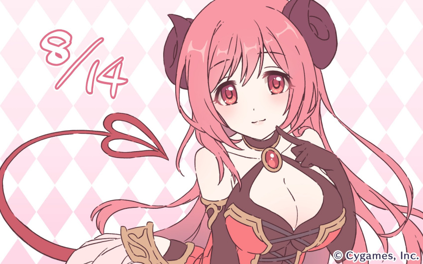 argyle argyle_background bangs black_gloves breasts brooch cleavage collarbone cygames demon_tail elbow_gloves eyebrows_visible_through_hair finger_to_cheek gloves hasekura_io highres horns index_finger_raised jewelry large_breasts long_hair looking_at_viewer official_art princess_connect! princess_connect!_re:dive red_eyes red_hair smile solo tail watermark