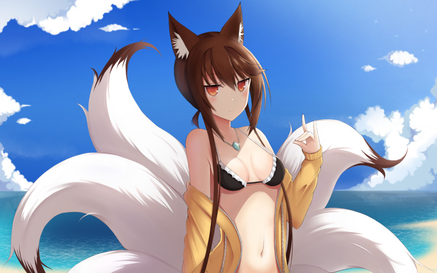animal_ears bare_shoulders beach bikini breasts brown_hair cleavage day fox_ears fox_girl fox_tail girls_frontline highres jacket jewelry looking_at_viewer multiple_tails necklace off_shoulder red_eyes short_hair sidelocks smile solo swimsuit tail type_79_(girls_frontline) xiaobai_(cheng_pan)