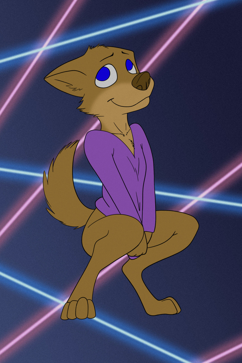 1980s anthro blue_eyes brown_fur canine clothing crouching cub dog feline flat_chested fur hi_res hoodie laser_background lasers mammal misterpickleman taylor_knight young