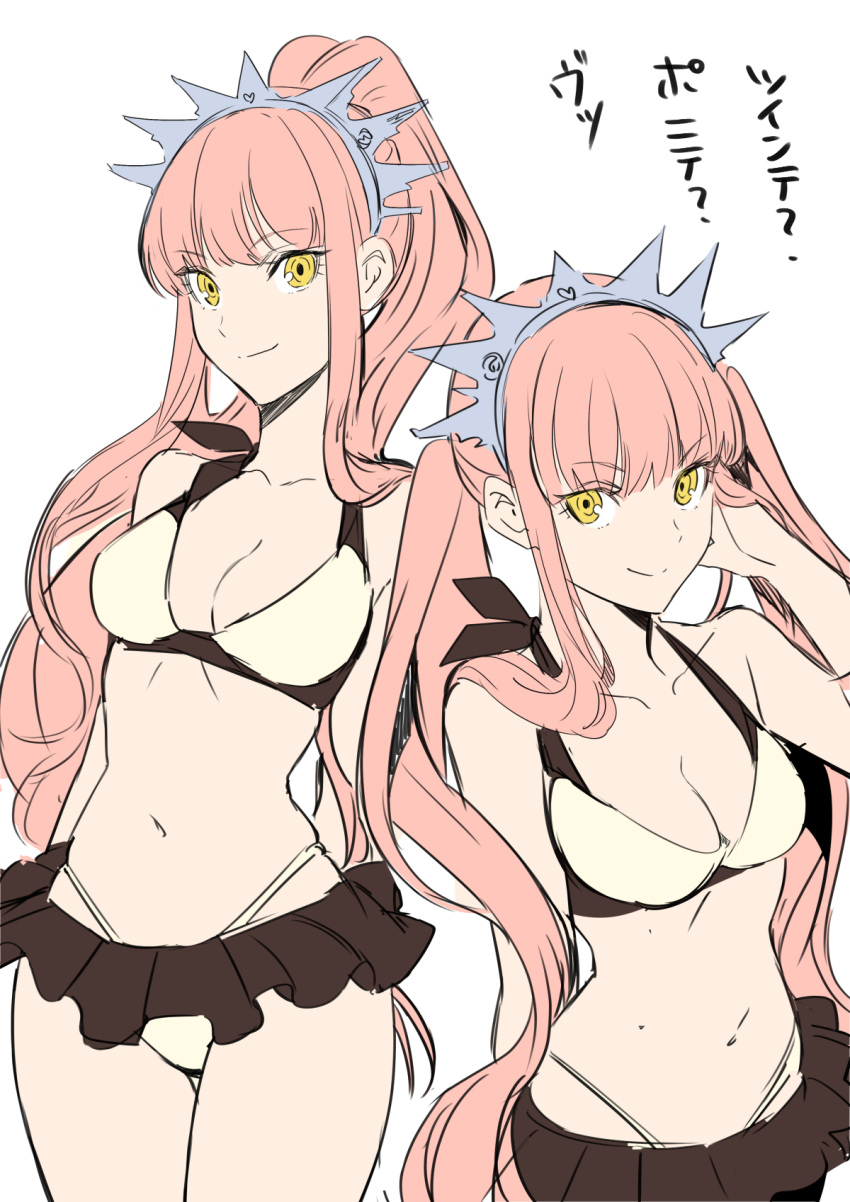bangs bare_shoulders bikini breasts cleavage closed_mouth collarbone eyebrows_visible_through_hair fate/grand_order fate_(series) flat_color high_ponytail highleg highleg_bikini highres medb_(fate)_(all) medb_(swimsuit_saber)_(fate) medium_breasts navel pink_hair shimo_(s_kaminaka) simple_background smile solo swimsuit thigh_gap thighs tiara twintails white_background white_bikini yellow_eyes