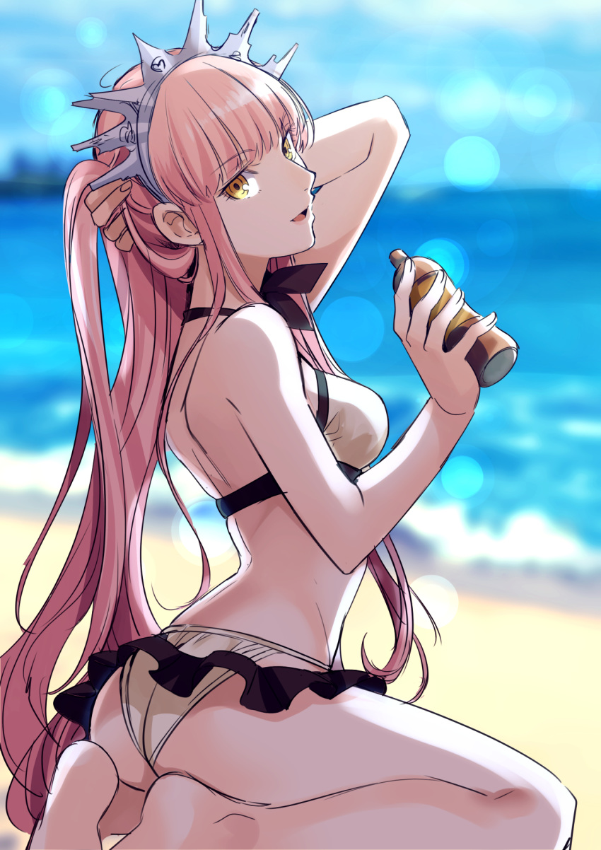 :d ass bangs bare_arms bare_legs bare_shoulders barefoot beach bikini blurry blurry_background breasts day eyebrows_visible_through_hair fate/grand_order fate_(series) head_tilt highres holding holding_hair long_hair looking_at_viewer medb_(fate)_(all) medb_(swimsuit_saber)_(fate) medium_breasts ocean open_mouth pink_hair shimo_(s_kaminaka) smile solo straight_hair swimsuit tiara very_long_hair water white_bikini yellow_eyes