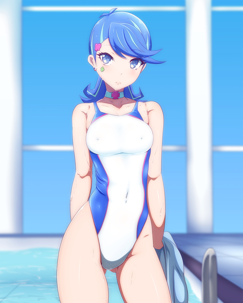 arms_behind_back ass_visible_through_thighs blue_eyes blue_girl blue_hair blue_towel choker competition_swimsuit contrapposto covered_nipples cowboy_shot danpu facial_tattoo highleg highleg_swimsuit highres indoors looking_at_viewer one-piece_swimsuit pool pool_ladder short_hair solo standing swimsuit tattoo towel white_choker white_swimsuit yuu-gi-ou yuu-gi-ou_vrains zaizen_aoi