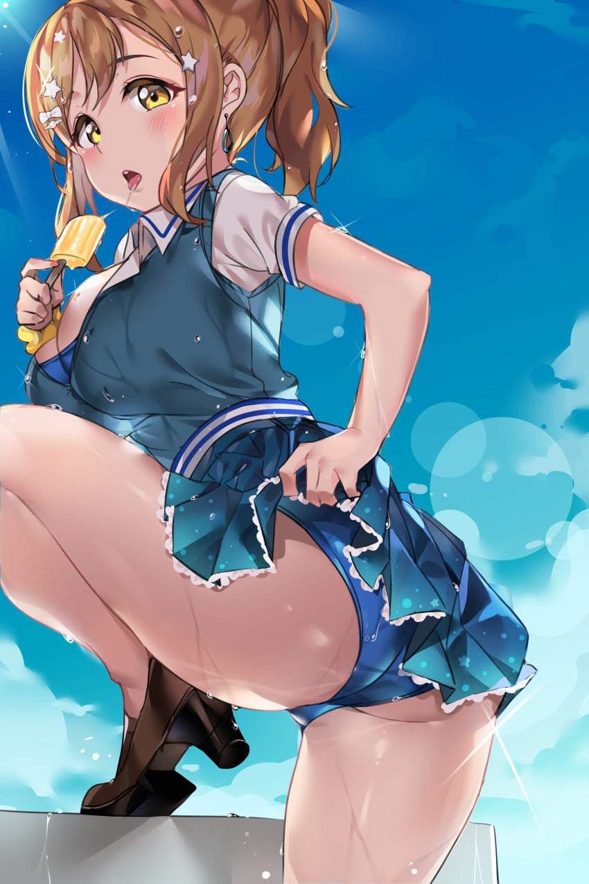 absurdres ass blue_bikini_bottom blue_sky blush breasts brown_hair cleavage cloud cloudy_sky commentary day dress earrings food hair_ornament highres jewelry kunikida_hanamaru large_breasts leg_up lens_flare looking_at_viewer love_live! love_live!_sunshine!! open_mouth outdoors pinafore_dress ponytail popsicle saliva saliva_trail shoe_soles skirt skirt_lift sky solo standing swimsuit symbol_commentary tem10 thighs wet wet_clothes yellow_eyes