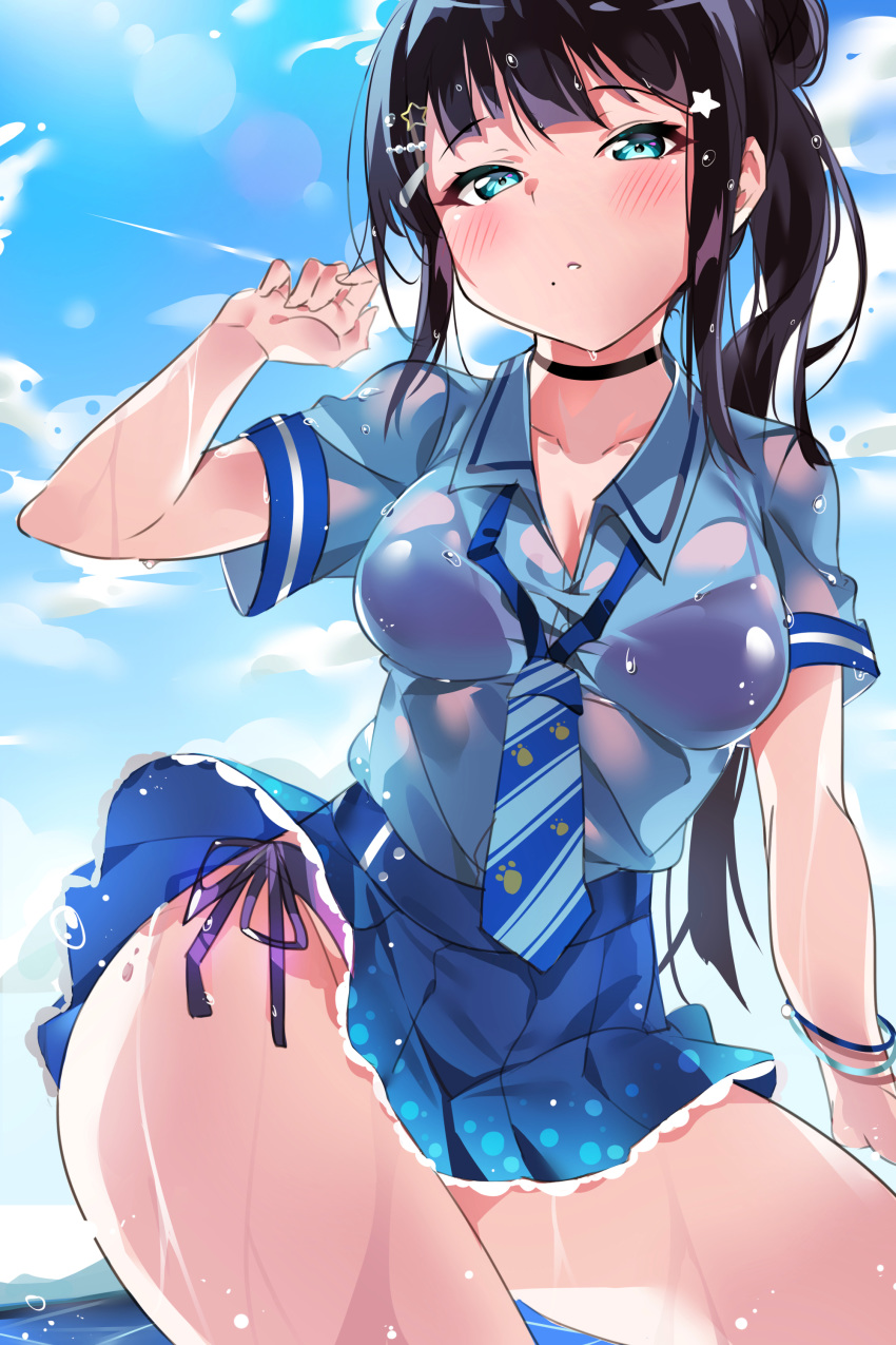 absurdres arm_up bikini breasts brown_hair choker cleavage day green_eyes hair_ornament hairclip highres kurosawa_dia looking_at_viewer love_live! love_live!_sunshine!! mole mole_under_mouth purple_bikini skirt sky solo standing swimsuit tem10 thighs water wet wet_clothes