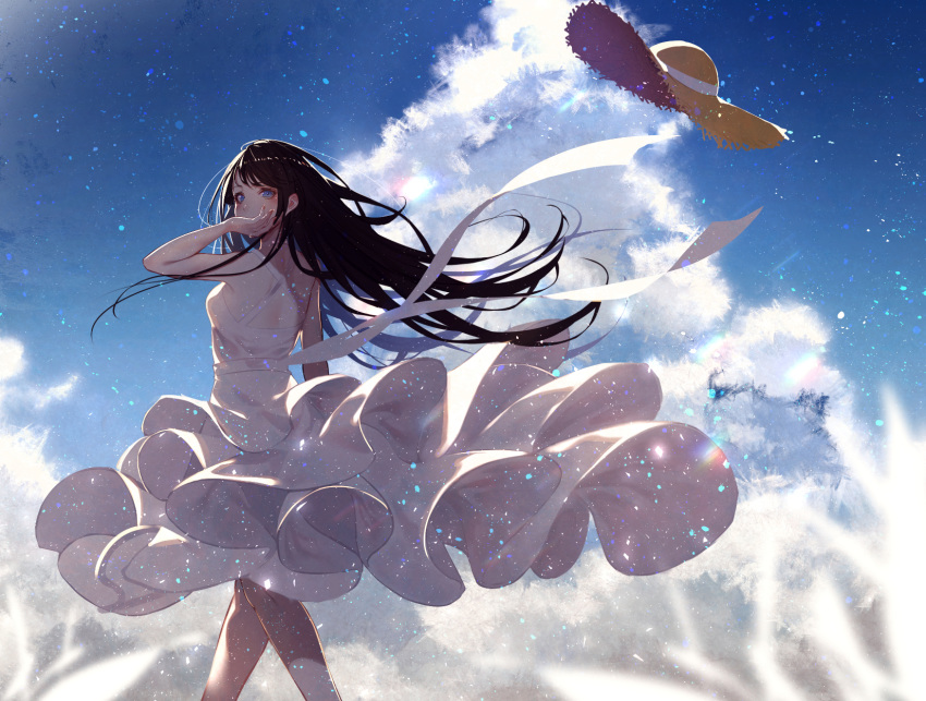bare_arms bare_shoulders blue_eyes blue_sky blush breasts brown_hair cloud covered_mouth day dress hat hat_removed headwear_removed highres kisui_(user_wswf3235) long_hair looking_at_viewer looking_to_the_side md5_mismatch original outdoors ribbon sky sleeveless sleeveless_dress small_breasts solo standing straw_hat very_long_hair white_dress white_ribbon window