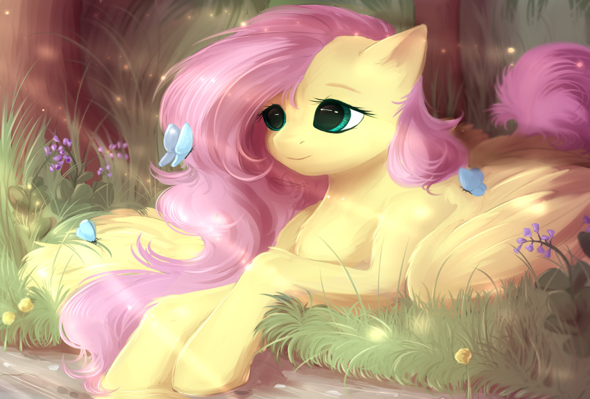 2017 arthropod butterfly creek cute detailed_background equine eyebrows eyelashes feathered_wings feathers female feral flower fluttershy_(mlp) forest friendship_is_magic fur grass hair hi_res hooves insect long_hair lying mammal my_little_pony nature nude on_front outside peachmayflower pegasus pink_hair plant portrait signature smile solo sunlight teal_eyes tree water wings yellow_feathers