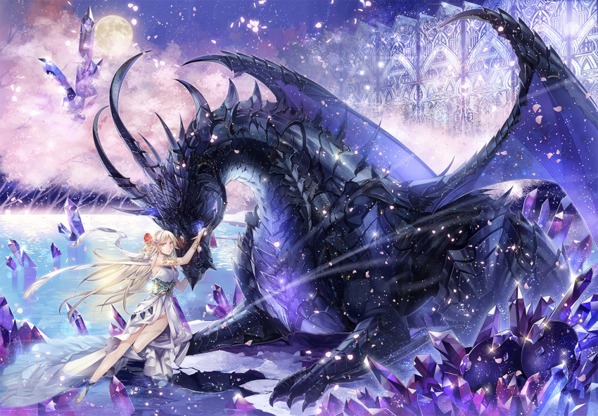 blonde_hair bracelet building commentary_request crystal dragon dress elf fantasy flower forest hair_flower hair_ornament jewelry kyouka_hatori lake long_hair looking_at_viewer moon nature one_knee original pointy_ears purple_eyes scales soaking_feet spines