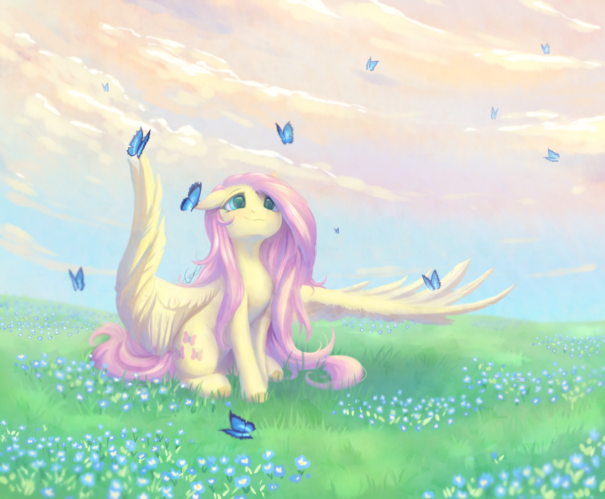2018 arthropod butterfly cloud cute cutie_mark detailed_background equine eyebrows eyelashes feathered_wings feathers female feral field floppy_ears flower fluttershy_(mlp) friendship_is_magic grass hair hi_res hooves insect long_hair looking_up mammal my_little_pony nude outside peachmayflower pegasus pink_hair plant portrait redraw signature sitting sky smile solo teal_eyes wings yellow_feathers