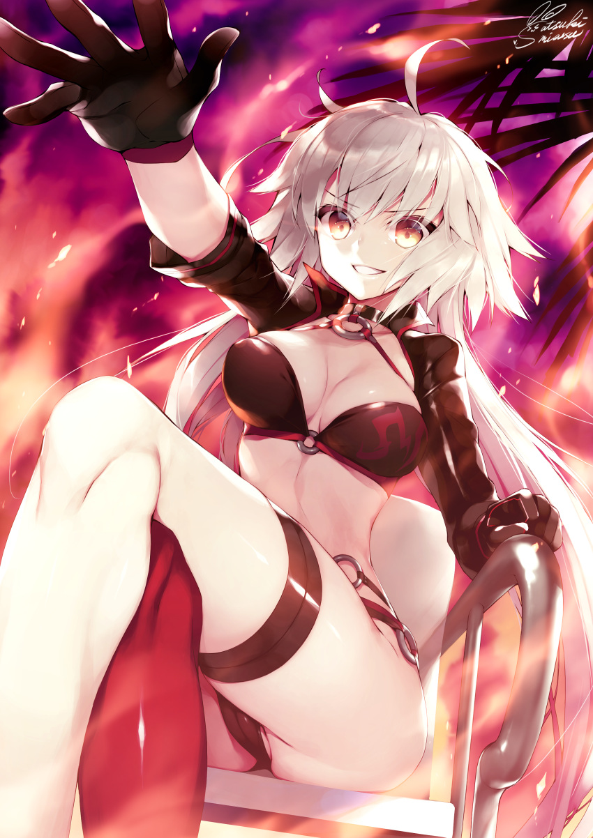 absurdres ahoge bangs bikini black_bikini black_jacket breasts chair choker cleavage collarbone commentary_request cowboy_shot dutch_angle eyebrows_visible_through_hair fate/grand_order fate_(series) gloves gradient gradient_background hair_between_eyes highres jacket jeanne_d'arc_(alter_swimsuit_berserker) jeanne_d'arc_(fate)_(all) large_breasts long_hair long_sleeves looking_at_viewer o-ring open_mouth palm_tree red_background red_legwear satsuki_misuzu shrug_(clothing) signature single_thighhigh sitting solo swimsuit thigh_strap thighhighs tree yellow_eyes