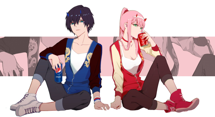 1girl aqua_eyes bangs black_hair blue_eyes blue_horns breasts can chenaze57 chinese_commentary cleavage coca-cola collarbone commentary_request cosplay couple cross-laced_footwear darling_in_the_franxx drinking eyebrows_visible_through_hair fa_mulan_(disney) fa_mulan_(disney)_(cosplay) green_eyes hair_ornament hairband hetero highres hiro_(darling_in_the_franxx) holding holding_can horns jacket long_hair medium_breasts oni_horns open_clothes open_jacket pants pants_rolled_up pepsi pink_hair ponytail product_placement red_horns shirt shoes sitting sneakers white_hairband white_shirt wreck-it_ralph zero_two_(darling_in_the_franxx)