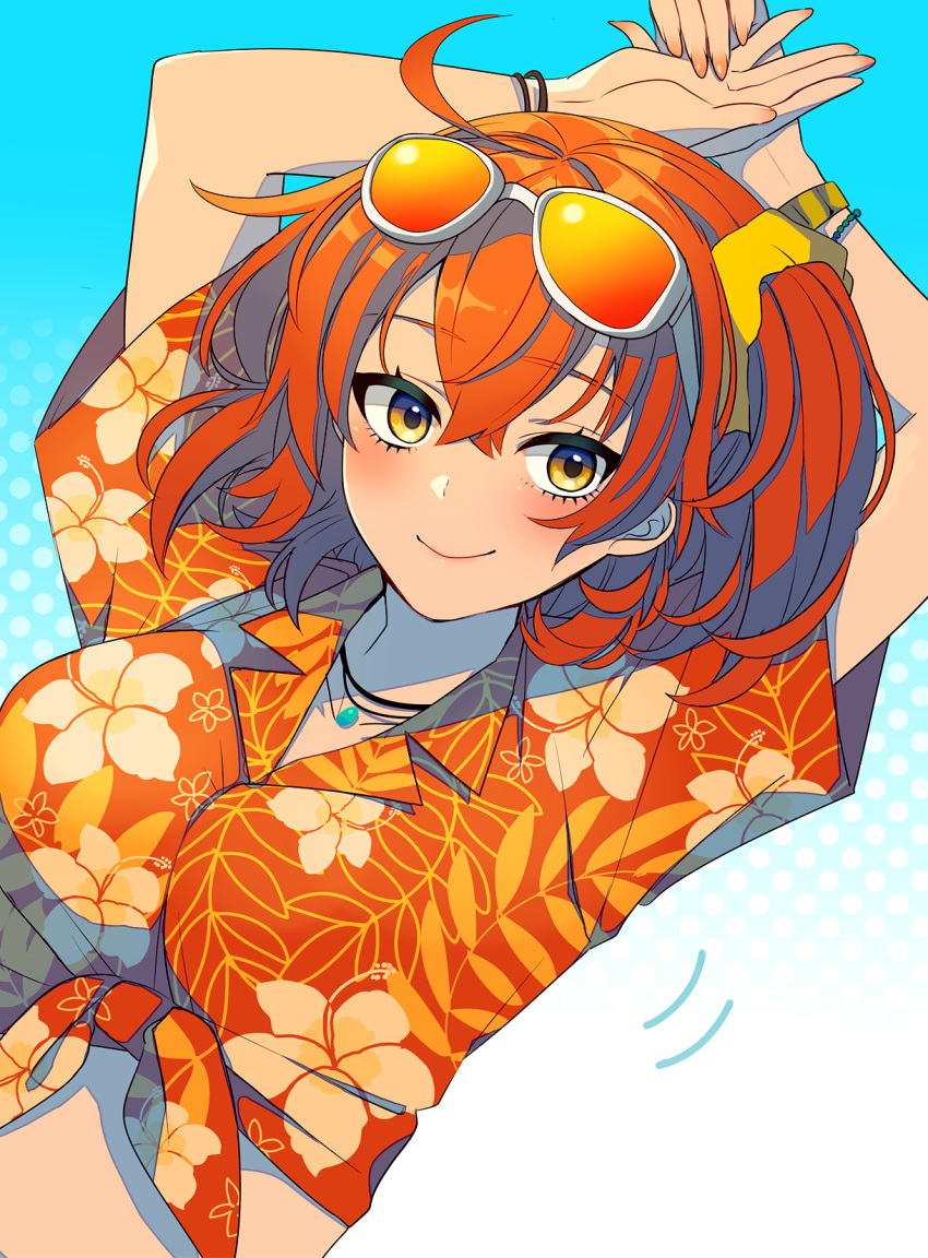 ahoge arms_behind_head blue_background commentary_request eyewear_on_head fate/grand_order fate_(series) front-tie_top fujimaru_ritsuka_(female) hair_between_eyes hair_ornament hair_scrunchie hawaiian_shirt highres jewelry necklace neko-san_(dim.dream) orange_eyes orange_hair scrunchie shirt side_ponytail smile solo sunglasses tropical_summer wristband yellow_scrunchie