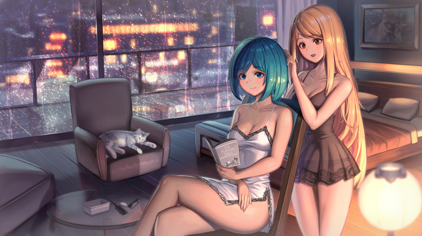:d animal armchair bangs bare_arms bare_shoulders bed bedroom black_panties blanket blonde_hair blue_eyes blue_hair blurry blurry_foreground blush bob_cut book breasts brown_eyes building cat chair chemise city_lights cleavage closed_mouth collarbone comb combing commentary crossed_legs curtains cushion depth_of_field english english_commentary eyebrows_visible_through_hair eyes_visible_through_hair fingernails hair_dye head_tilt holding holding_book indoors lamp legs_together long_hair looking_at_another looking_at_viewer medium_breasts moonandmist multiple_girls night open_book open_mouth original panties parted_bangs photo_(object) pillow railing rain see-through shiny shiny_hair shiny_skin short_hair sidelocks sitting sleeping smile spaghetti_strap standing table thighs underwear very_long_hair white_cat window wooden_floor