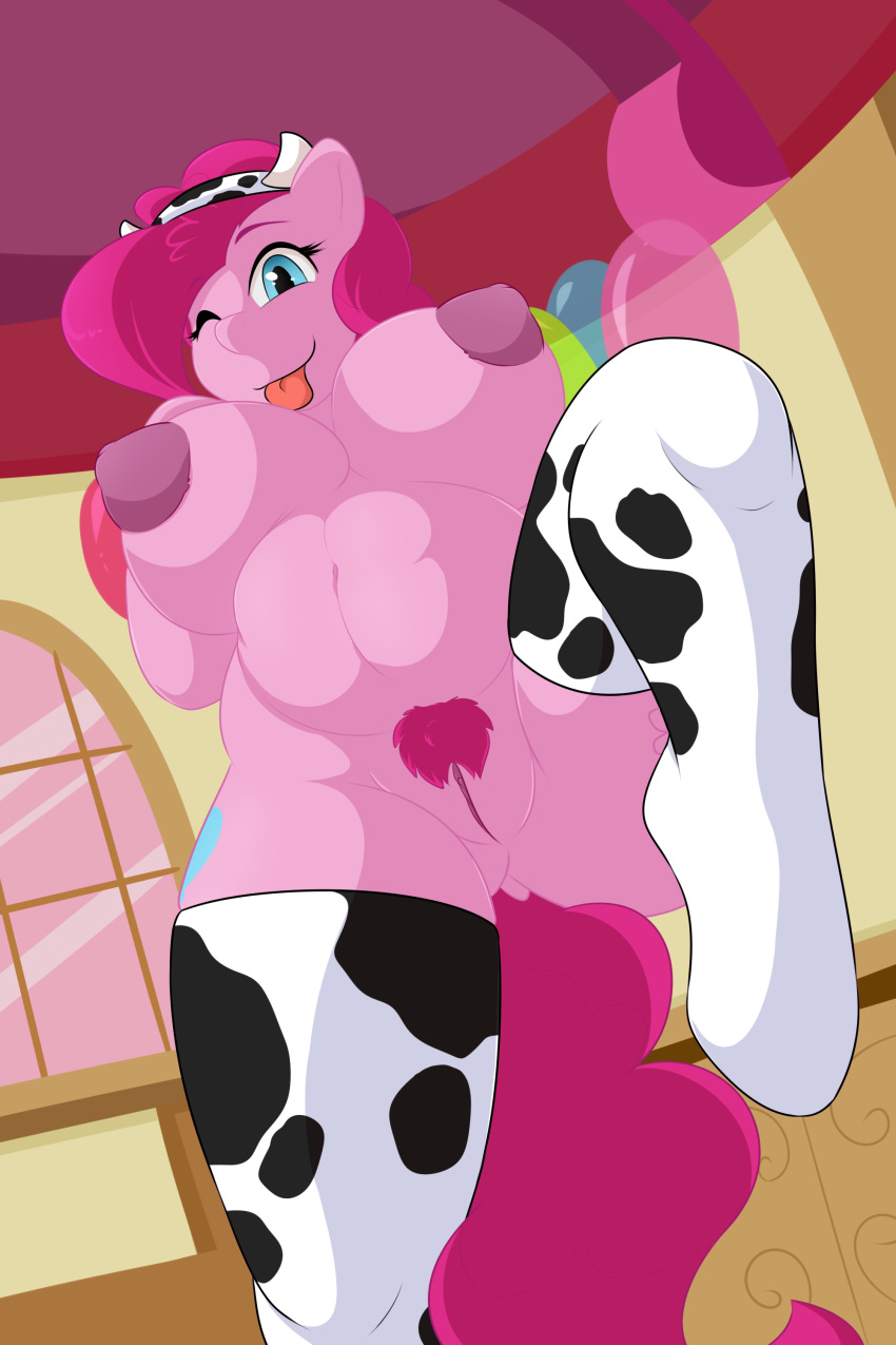 2018 absurd_res anthro balloon breasts cainesart clothing digital_media_(artwork) equine female friendship_is_magic hair hi_res inside legwear looking_at_viewer mammal my_little_pony pinkie_pie_(mlp) presenting pubes pussy raised_leg smile solo thigh_highs tongue tongue_out