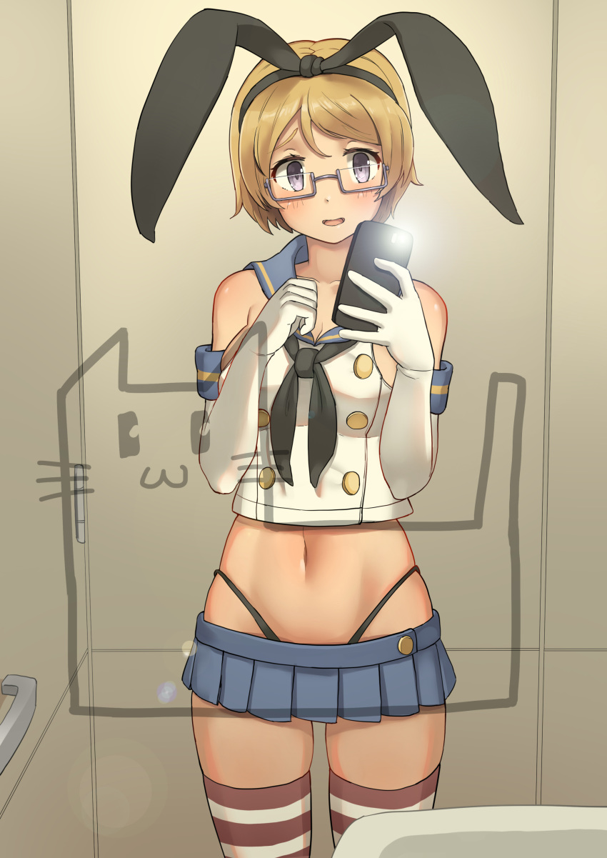 :3 :d absurdres bangs bare_shoulders black_neckwear black_panties black_ribbon blonde_hair blue_eyes blue_sailor_collar blue_skirt breasts cat cellphone cleavage collarbone commentary_request cosplay cowboy_shot crop_top elbow_gloves eyebrows_visible_through_hair gloves grey-framed_eyewear hair_ribbon hand_on_own_chest highleg highleg_panties highres holding holding_phone indoors kantai_collection koizumi_hanayo light looking_at_viewer love_live! love_live!_school_idol_project medium_breasts microskirt navel neckerchief open_mouth panties parted_bangs phone pleated_skirt ribbon sailor_collar self_shot semi-rimless_eyewear shimakaze_(kantai_collection) shimakaze_(kantai_collection)_(cosplay) short_hair skirt smartphone smile solo soushou_nin striped striped_legwear taking_picture thighhighs thong under-rim_eyewear underwear white_gloves zettai_ryouiki