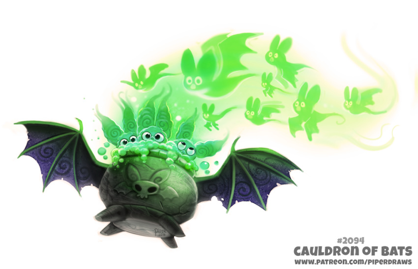 2018 ambiguous_gender bat black_eyes bubble cauldron cryptid-creations feral fur green_fur group humor mammal membranous_wings pun simple_background white_background wings