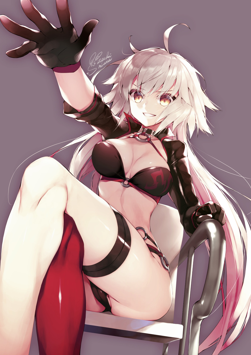absurdres ahoge bangs bikini black_bikini black_jacket breasts chair choker cleavage collarbone commentary_request cowboy_shot dutch_angle eyebrows_visible_through_hair fate/grand_order fate_(series) gloves grey_background hair_between_eyes highres jacket jeanne_d'arc_(alter_swimsuit_berserker) jeanne_d'arc_(fate)_(all) large_breasts long_hair long_sleeves looking_at_viewer o-ring open_mouth red_legwear satsuki_misuzu shrug_(clothing) signature simple_background single_thighhigh smile solo swimsuit thigh_strap thighhighs waving waving_arm yellow_eyes