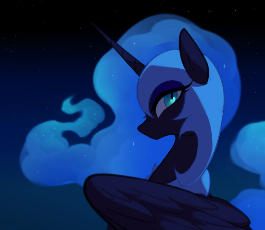 2018 absurd_res armor blue_eyes digital_media_(artwork) equine eyelashes feathered_wings feathers female friendship_is_magic helmet hi_res horn mammal marenlicious my_little_pony night nightmare_moon_(mlp) sky smile solo star starry_sky winged_unicorn wings