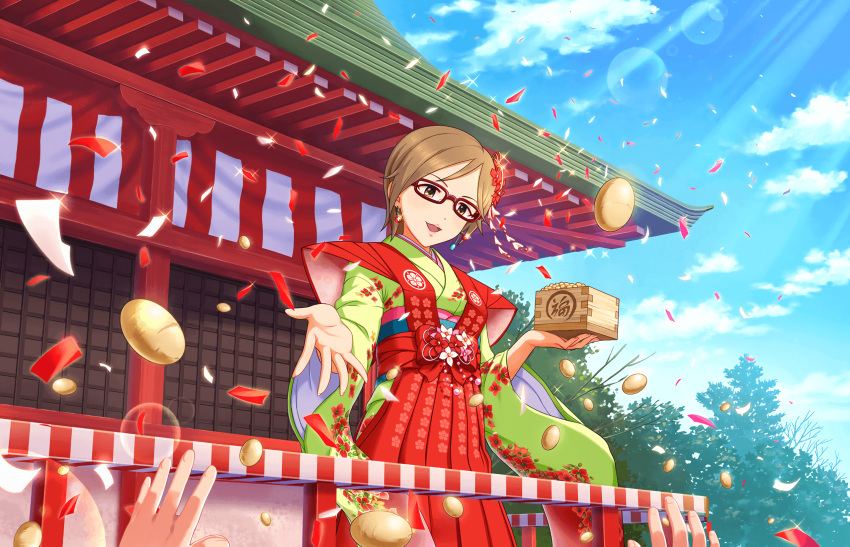 aikawa_chinatsu artist_request beans brown_eyes brown_hair confetti earrings flower glasses hair_flower hair_ornament highres idolmaster idolmaster_cinderella_girls idolmaster_cinderella_girls_starlight_stage japanese_clothes jewelry mamemaki official_art out_of_frame red-framed_eyewear setsubun short_hair solo_focus tree