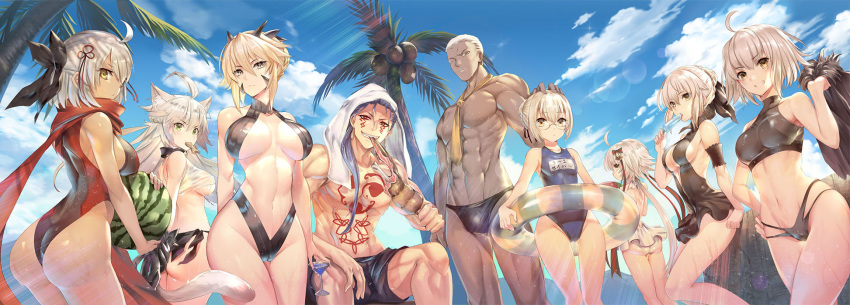 6+girls abs ahoge animal_ears artoria_pendragon_(all) artoria_pendragon_(lancer_alter) artoria_pendragon_(swimsuit_rider_alter) ass atalanta_(alter)_(fate) atalanta_(fate) bangs bare_chest bare_shoulders bikini black_bikini black_ribbon black_swimsuit blonde_hair blue_hair blue_sky blue_swimsuit breasts cleavage cloud cu_chulainn_alter_(fate/grand_order) dark_skin day emiya_alter facial_mark fate/grand_order fate_(series) glasses hair_bun hair_ornament hair_ribbon hand_on_hip highres jeanne_d'arc_(alter)_(fate) jeanne_d'arc_(fate)_(all) jeanne_d'arc_alter_santa_lily lancer large_breasts long_hair looking_at_viewer medium_breasts multiple_boys multiple_girls muscle mysterious_heroine_x_(alter) navel ocean okita_souji_(alter)_(fate) okita_souji_(fate)_(all) one-piece_swimsuit palm_tree red_eyes red_scarf revision ribbon scarf school_swimsuit shiny shiny_skin short_hair sideboob silver_hair sitting sky small_breasts standing summer swimsuit tail teddy_(khanshin) thong tied_hair trait_connection tree white_swimsuit