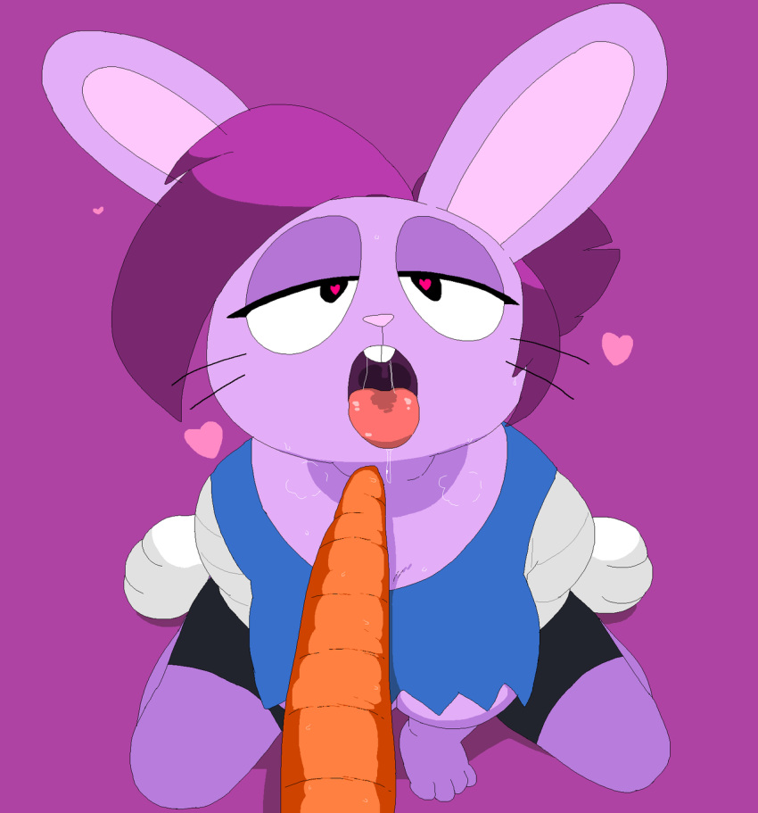 &lt;3 &lt;3_eyes anthro bandage big_breasts breasts buckteeth cartoon_network clothed clothing crop_top crouching dream-cassette drooling enid female female_focus fur hair hair_bun half-closed_eyes hi_res innuendo lagomorph mammal ok_k.o.!_let's_be_heroes open_mouth pawpads pink_nose purple_fur purple_hair rabbit saliva saliva_string shirt short_hair simple_background solo solo_focus teeth tongue tongue_out under_boob were whiskers