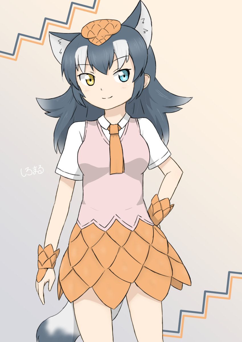 absurdres animal_ears blue_eyes commentary cosplay extra_ears eyebrows_visible_through_hair giant_pangolin_(kemono_friends) giant_pangolin_(kemono_friends)_(cosplay) grey_hair grey_wolf_(kemono_friends) hand_on_hip heterochromia highres kemono_friends long_hair looking_at_viewer multicolored_hair necktie orange_neckwear scales shiraha_maru shirt short_sleeves simple_background smile solo tail two-tone_hair vest white_hair white_shirt wolf_ears wolf_tail wrist_cuffs yellow_eyes