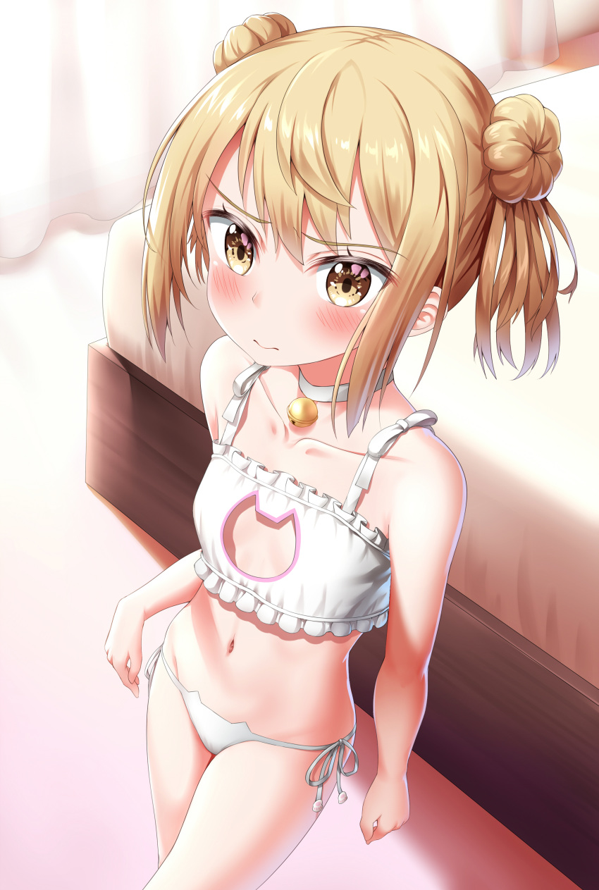3: absurdres arms_at_sides bare_arms bare_legs bare_shoulders bed bed_sheet bell bell_choker blonde_hair blush bra breasts cat_lingerie choker closed_mouth collarbone commentary_request curtains double_bun eyebrows_visible_through_hair highres indoors kantai_collection looking_at_viewer meme_attire michishio_(kantai_collection) navel nedia_(nedia_region) panties short_hair side-tie_bottom side-tie_panties small_breasts solo standing twintails underwear underwear_only v-shaped_eyebrows white_bra white_choker white_panties yellow_eyes