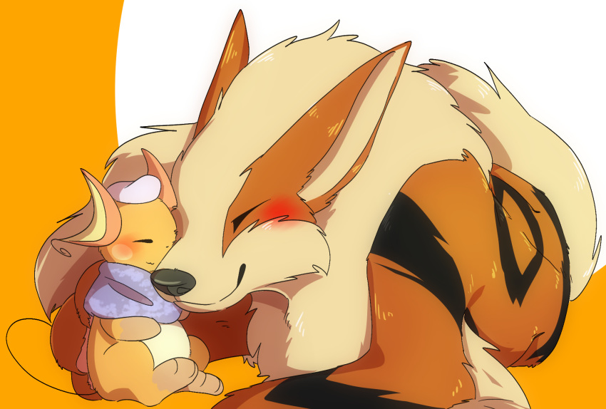 &lt;3 ambiguous_gender arcanine blush canine cute duo eyes_closed feral hi_res mammal nintendo nuzzling open_mouth oyabin1124 pok&eacute;mon pok&eacute;mon_(species) raichu size_difference smile video_games