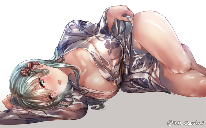aqua_eyes aqua_hair blush breasts commentary_request eyebrows_visible_through_hair floral_print flower gradient gradient_background hair_between_eyes hair_flower hair_ornament hairclip japanese_clothes juurouta kantai_collection kimono large_breasts long_hair looking_at_viewer lying no_bra no_panties on_side open_mouth smile solo suzuya_(kantai_collection) twitter_username yukata