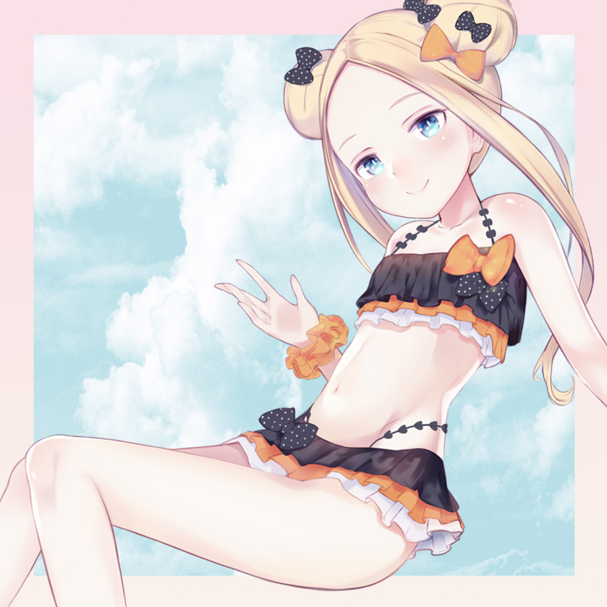 abigail_williams_(fate/grand_order) bangs bare_shoulders bbci bikini black_bikini blonde_hair blue_eyes blue_sky blush bow closed_mouth cloud cloudy_sky commentary day double_bun emerald_float fate/grand_order fate_(series) groin hair_bow hand_up head_tilt highres long_hair looking_at_viewer navel orange_bow parted_bangs polka_dot polka_dot_bow side_bun sidelocks sitting sky smile solo swimsuit very_long_hair