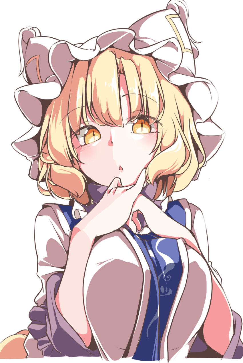 :o animal_ears bangs blonde_hair blush breast_squeeze breasts commentary_request eyebrows_visible_through_hair fox_ears frilled_sleeves frills gokuu_(acoloredpencil) hands_on_own_chest hands_up hat head_tilt highres large_breasts looking_at_viewer open_mouth pillow_hat shiny shiny_hair short_hair simple_background sleeves_past_elbows slit_pupils solo tabard touhou upper_body white_background white_hat yakumo_ran yellow_eyes