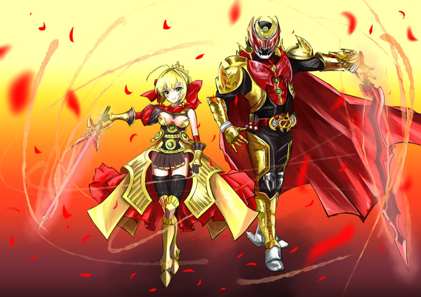 1girl aestus_estus ahoge arm_guards armor armored_boots armored_dress bare_shoulders belt blonde_hair boots braid breastplate breasts cape commentary_request crossover dress epaulettes fate/extra fate_(series) french_braid full_body gold_armor green_eyes hair_intakes halterneck holding holding_sword holding_weapon kamen_rider kamen_rider_kiva kamen_rider_kiva_(series) kivat-bat_iii large_breasts lock nanbaba nero_claudius_(fate) nero_claudius_(fate)_(all) padlock red_cape red_dress sword translation_request veil weapon zipper