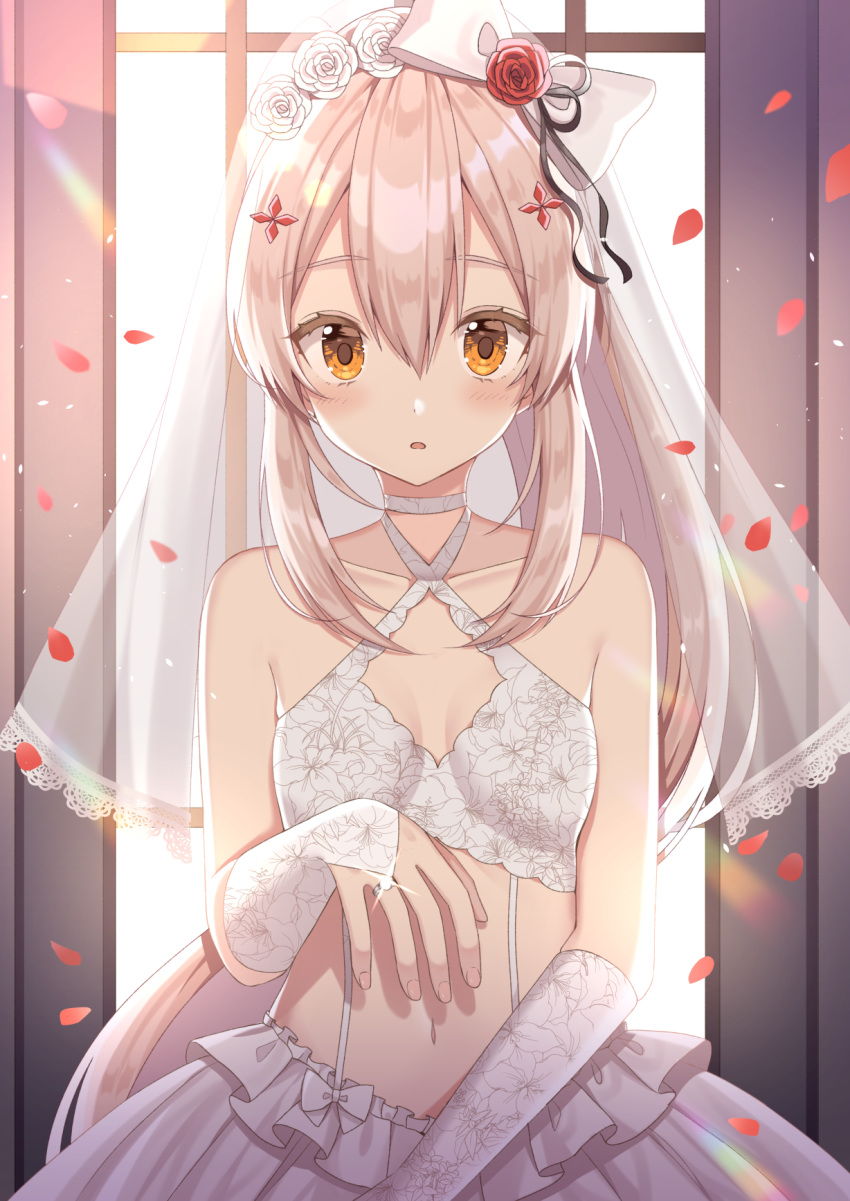 alternate_costume ayanami_(azur_lane) azur_lane backlighting bangs bare_shoulders blush breasts breasts_apart bridal_gauntlets bridal_veil bride collarbone commentary criss-cross_halter crop_top day dress elbow_gloves eyebrows_visible_through_hair floral_print flower gloves hair_between_eyes hair_flower hair_ornament halterneck high_ponytail highres indoors izumo_neru jewelry light_brown_hair lips looking_at_viewer midriff navel parted_lips ponytail reaching_out ring sidelocks small_breasts solo sparkle sunlight suspenders upper_body veil wedding_dress wedding_ring white_dress window yellow_eyes