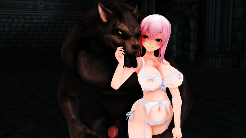2018 3d_(artwork) anthro balls big_breasts blush breasts canine clothing digital_media_(artwork) duo female female_on_anthro hair human human_on_anthro interspecies lingerie male male/female malicekira mammal nipples nude open_mouth penis pink_hair pussy smile tongue tongue_out were werewolf wolf
