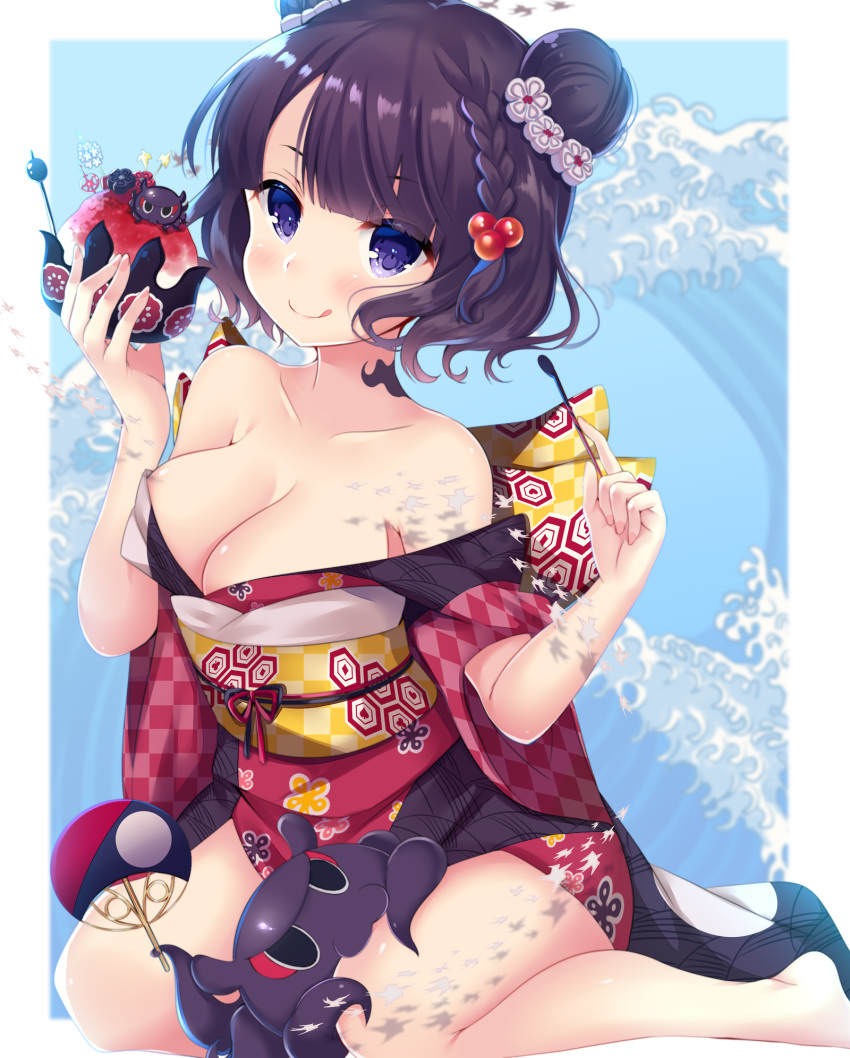 :q animal bangs bare_shoulders blush bow braid breasts checkered checkered_bow cleavage closed_mouth collarbone commentary_request fan fate/grand_order fate_(series) hair_bobbles hair_bun hair_ornament hands_up head_tilt highres holding holding_fan holding_spoon japanese_clothes katsushika_hokusai_(fate/grand_order) kimono ko_yu looking_at_viewer medium_breasts obi octopus off_shoulder paper_fan purple_eyes purple_hair purple_kimono sash shaved_ice side_bun sitting smile solo spoon tokitarou_(fate/grand_order) tongue tongue_out wariza
