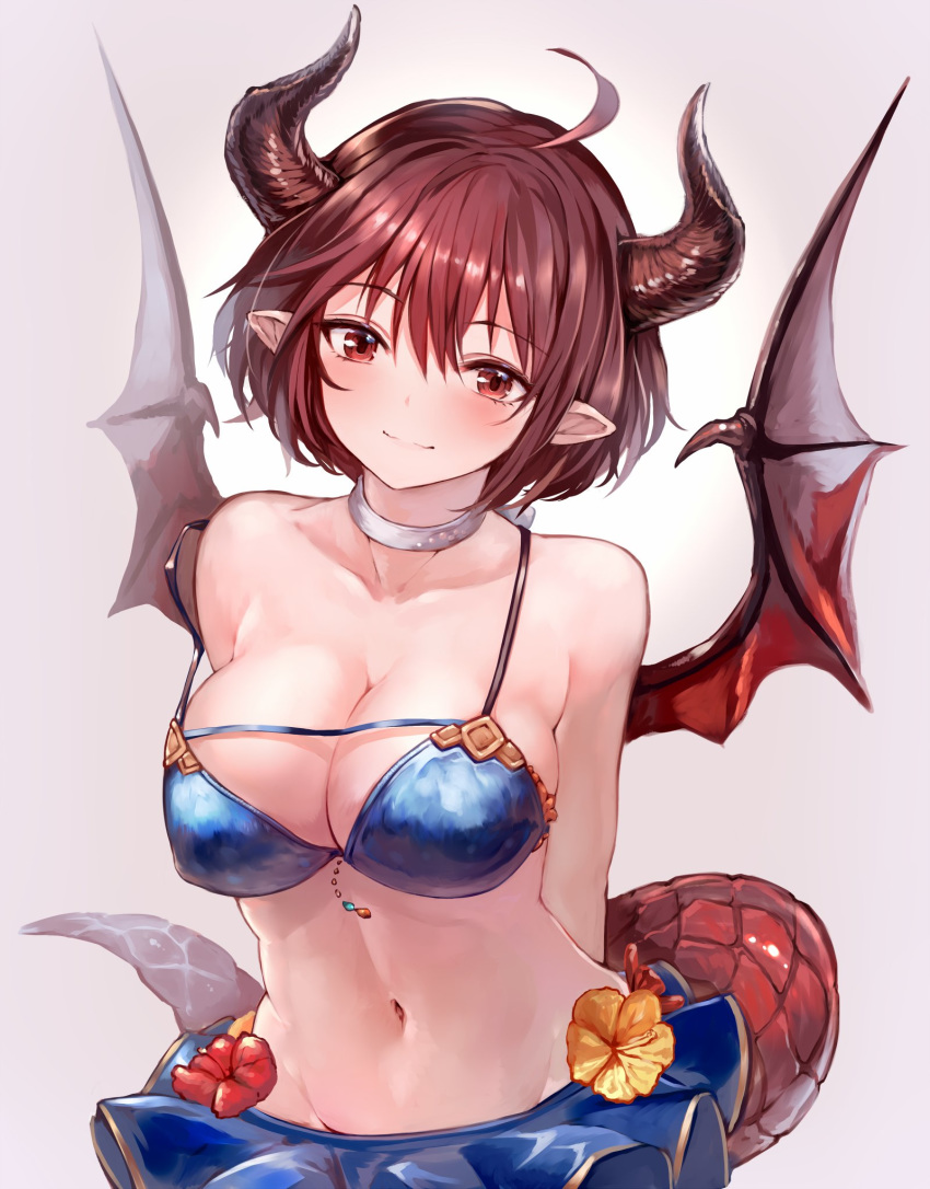 bare_shoulders bikini commentary_request dragon_horns dragon_tail dragon_wings granblue_fantasy grea_(shingeki_no_bahamut) highres horns looking_at_viewer navel pointy_ears purple_hair red_eyes shingeki_no_bahamut short_hair skirt smile solo sukemyon swimsuit tail upper_body wings