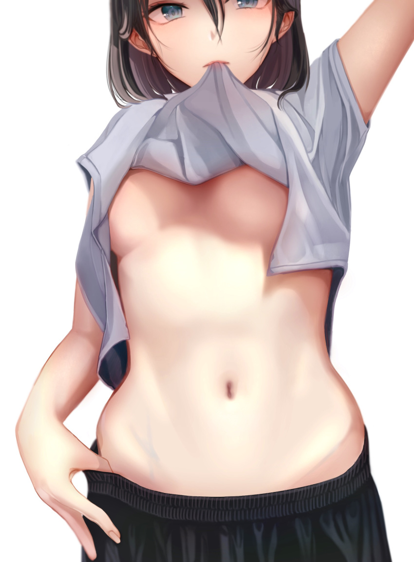absurdres ancolatte_(onikuanco) black_hair blue_eyes breasts commentary hair_between_eyes highres lifted_by_self looking_at_viewer mouth_hold navel original shirt shirt_in_mouth shirt_lift short_hair short_sleeves simple_background solo stomach underboob white_background white_shirt
