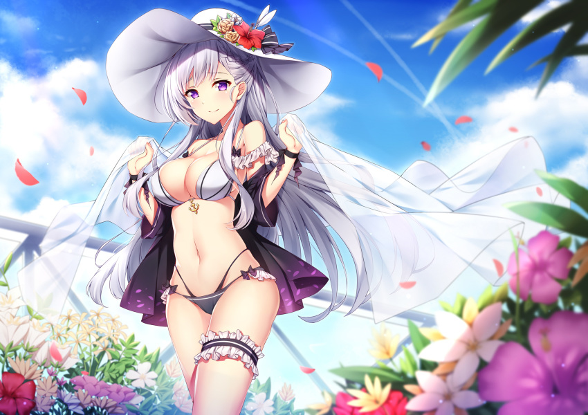 alternate_costume azur_lane bangs bare_shoulders belfast_(azur_lane) bikini black_bikini_bottom black_bow black_jacket blue_sky blush bow braid breasts cleavage closed_mouth cloud collarbone commentary_request day eyebrows_visible_through_hair fingernails flower hair_down halter_top halterneck hands_up hat hat_bow hat_flower highleg highleg_bikini highres holding jacket large_breasts leg_garter long_hair looking_at_viewer nail_polish navel off_shoulder open_clothes open_jacket outdoors petals pink_nails purple_eyes purple_flower red_flower silver_hair sky smile solo standing striped striped_bow sun_hat swimsuit transparent very_long_hair white_bikini_top white_flower white_hat yellow_flower yuxian_youka