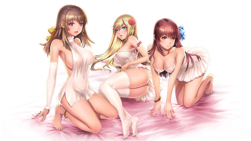 arm_support ass bangs bare_legs bare_shoulders barefoot bed blonde_hair blue_eyes blush bracelet breasts camisole cleavage cleavage_cutout closed_mouth covered_navel covered_nipples detached_sleeves dress fingernails flower hair_between_eyes hair_flower hair_ornament hair_ribbon highres jewelry kneeling large_breasts lingerie long_hair looking_at_viewer looking_away lying miniskirt multiple_girls nipples open_mouth original profile red_eyes revealing_clothes ribbon see-through short_dress sideboob skirt sleeveless sleeveless_dress smile standing thighhighs thighs thong underwear very_long_hair white_background white_legwear yellow_eyes youbou