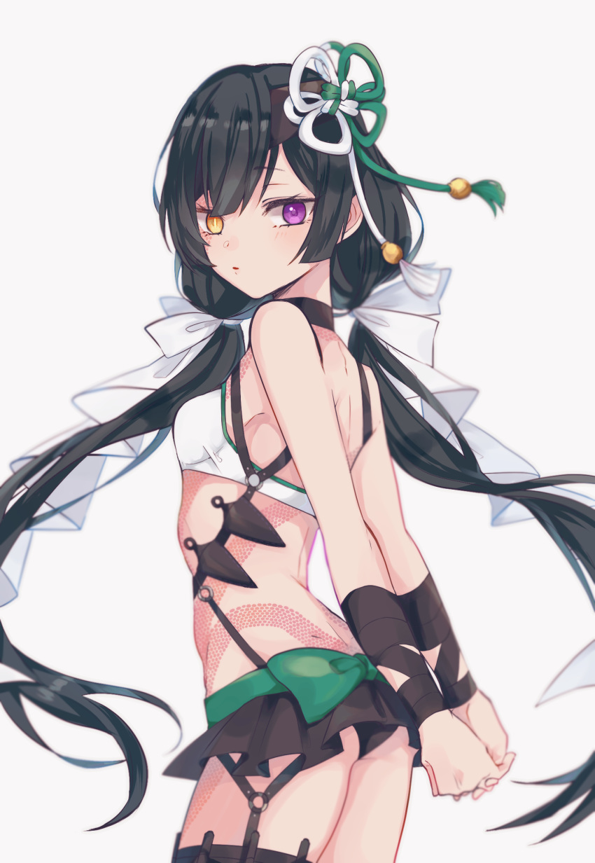 akym arms_behind_back ass bare_shoulders bikini black_hair blurry blush breasts commentary_request cowboy_shot depth_of_field fate/grand_order fate_(series) from_behind hair_ornament hair_ribbon heterochromia highres kunai long_hair looking_at_viewer looking_back mochizuki_chiyome_(fate/grand_order) purple_eyes ribbon small_breasts solo standing swimsuit tattoo thighhighs twintails very_long_hair weapon white_background yellow_eyes
