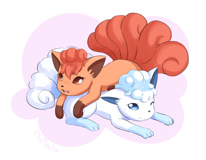 3_toes :3 :s alolan_vulpix ambiguous_gender blue_eyes blue_fur blue_nose cute duo fluffy fluffy_tail fur looking_at_viewer markings momocha multi_tail nintendo on_top one_eye_closed open_mouth pok&eacute;mon pok&eacute;mon_(species) red_eyes red_fur red_nose regional_variant socks_(marking) toes tongue video_games vulpix white_fur